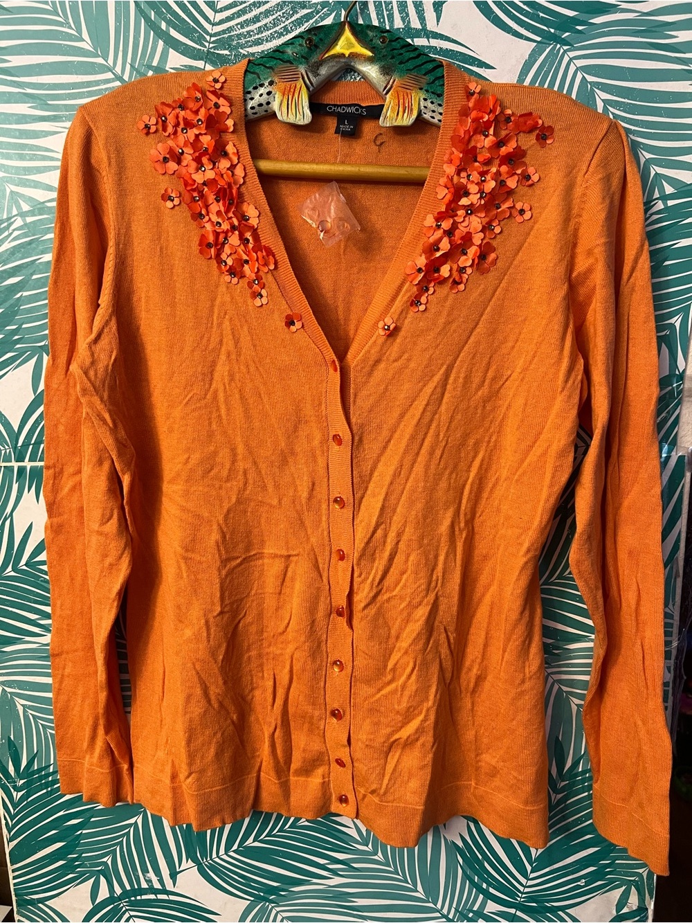Chadwicks Orange V-Neck 3d Flower w/ rhinestone detail Cardigan NWOT Sz L
